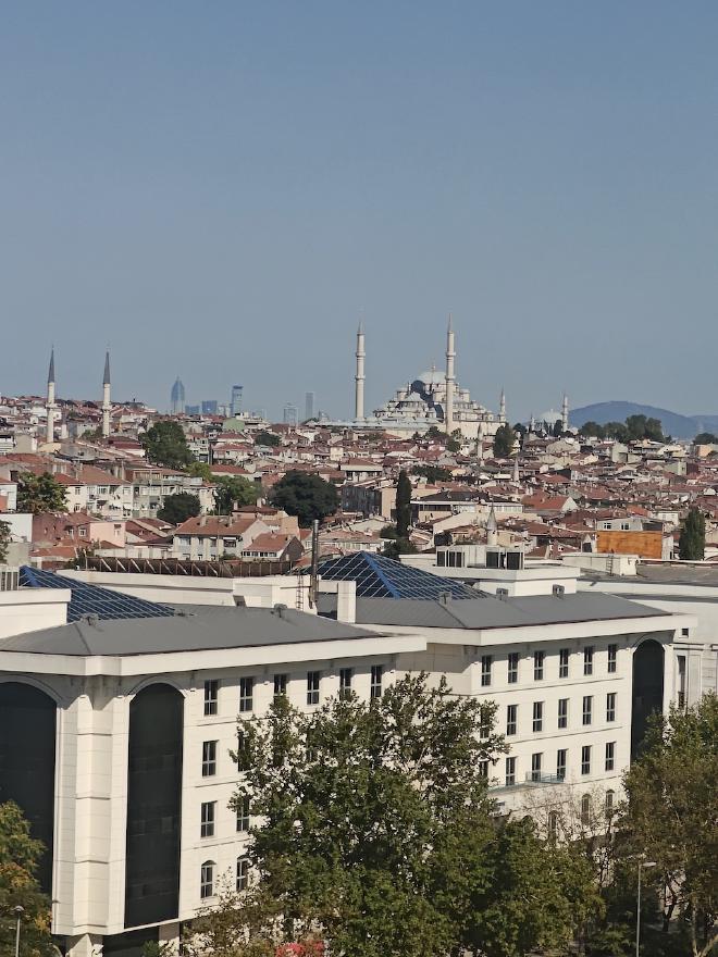 View across the Istanbul rooftops toward a large multi-domed mosque, with modern skyscrapers on the horizon.