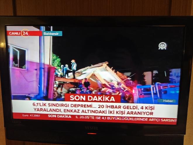 Breaking news on Turkish TV from the hotel room, covering the magnitude 6.1 Balıkesir earthquake. My first.