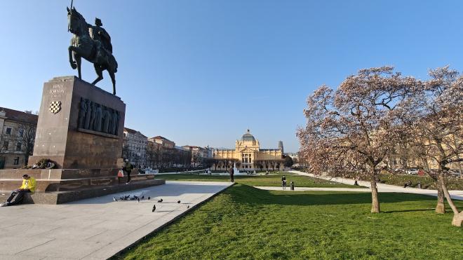 King Tomislav Square, with the equestrian statue of King Tomislav and a magnolia tree in spring bloom.