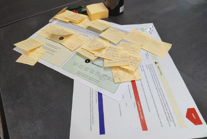 Sticky-note annotations scattered across a printed workshop canvas for scoring the impact and relevance of organisational changes