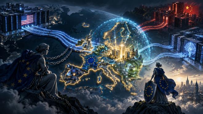 Illustration of Europe as a glowing circuit-board map between two data-centre blocks, one under a US flag and one under a Chinese flag. A chained statue draped in the EU flag sits on the left; on the right a statue holds an EU shield.